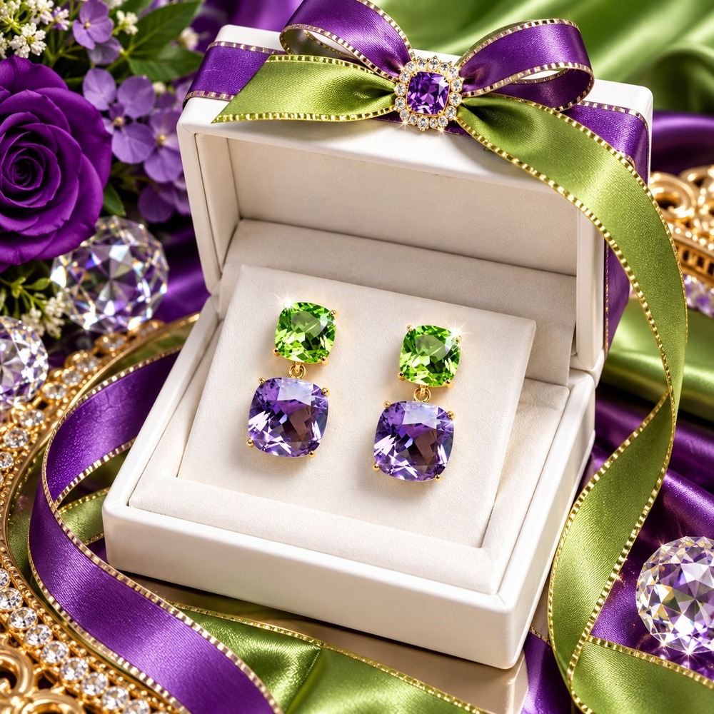 Gold Tone Peridot Amethyst Cushion Cut Double Drop Earrings Gift Boxed